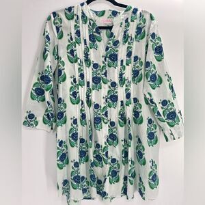 Mary Marshmallow Tunic Dress Green Blue Floral Button Down 100% Cotton Size XS